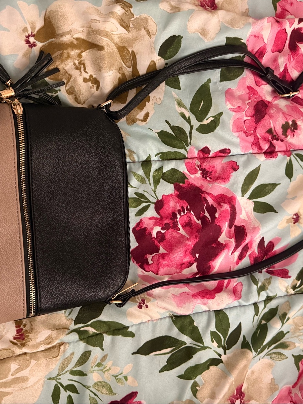 Two-Tone Black and Taupe Crossbody Bag with Zip Detail
